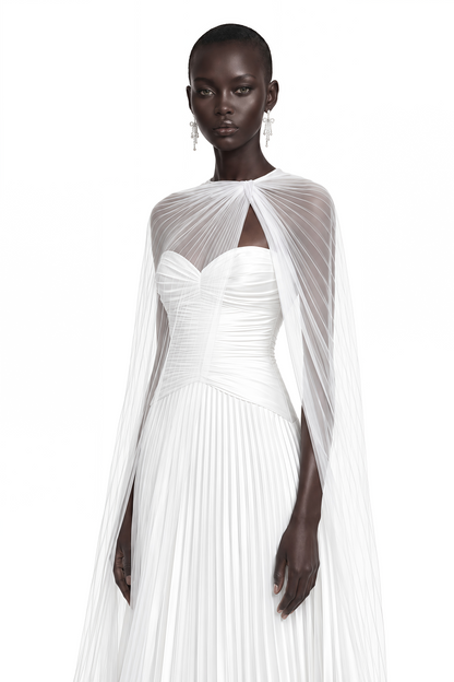 Palesa White Pleated Glossy Maxi Dress & Cape Set