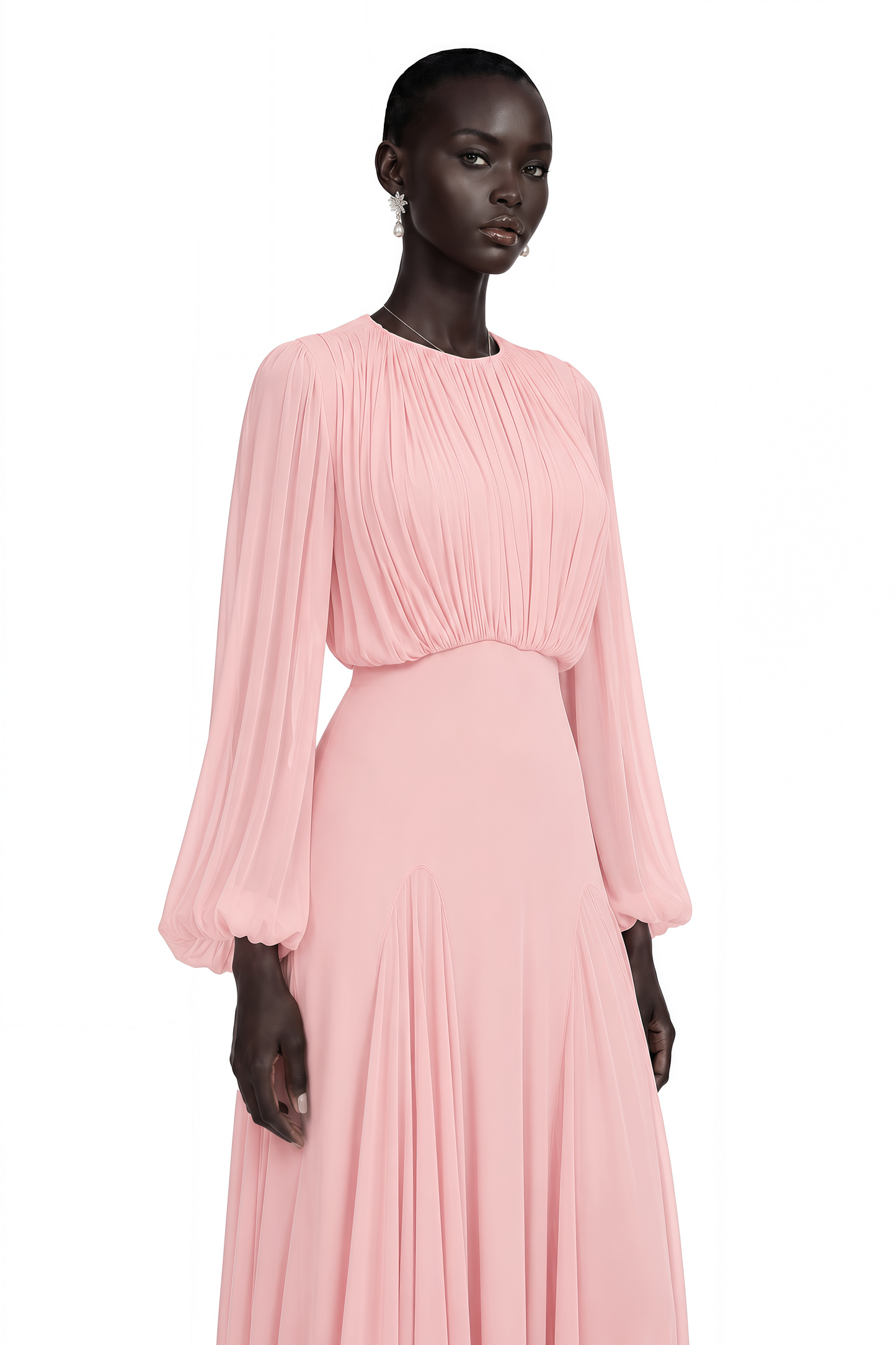 Annabelle Pink Lantern Sleeve Pleated Maxi Dress