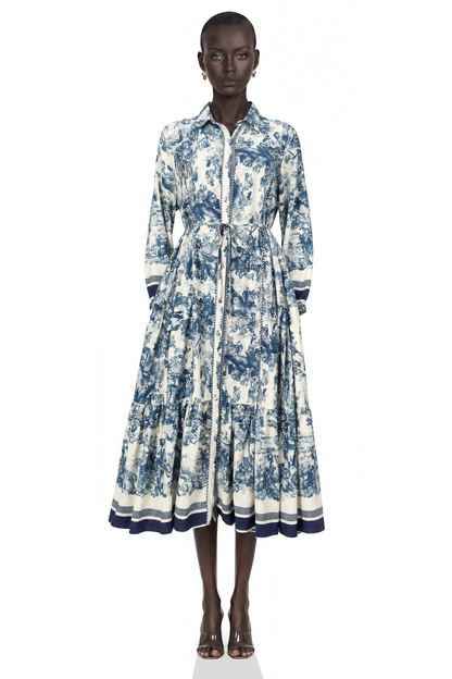 Adélaïde Graphic-Print Midi Dress in Blue