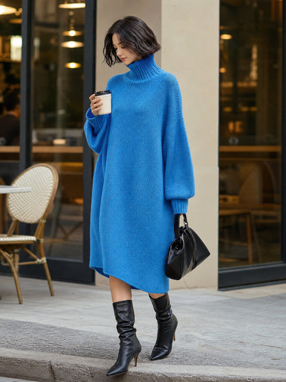 Noeva Paris Chic Casual Mavi Balıkçı Yaka Oversize Uzun Kollu Örgü Midi Elbise