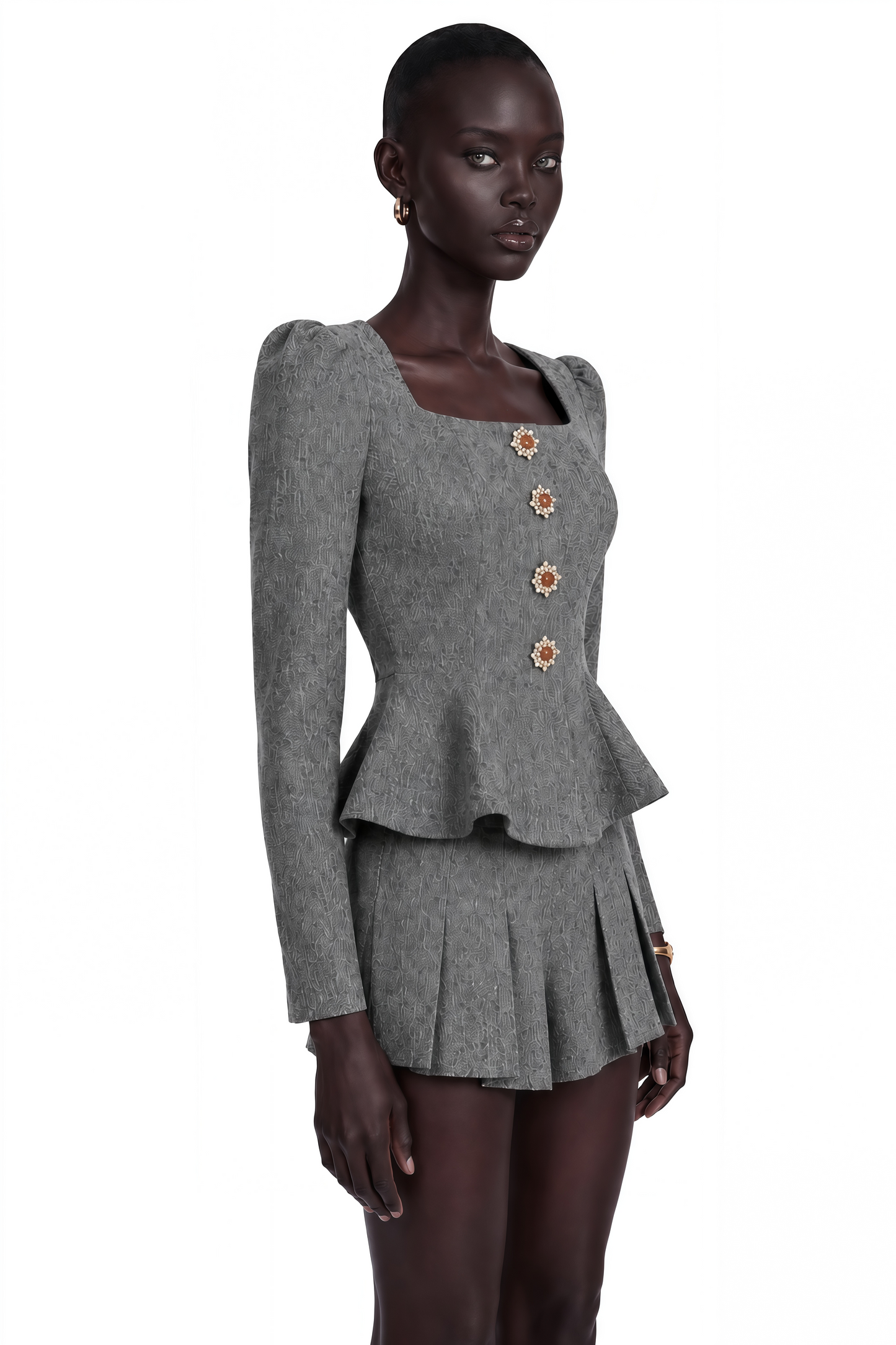 Agathe Grey Herringbone Top & Shorts Matching Set