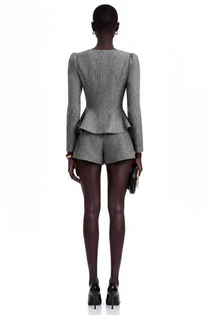 Agathe Grey Herringbone Top & Shorts Matching Set