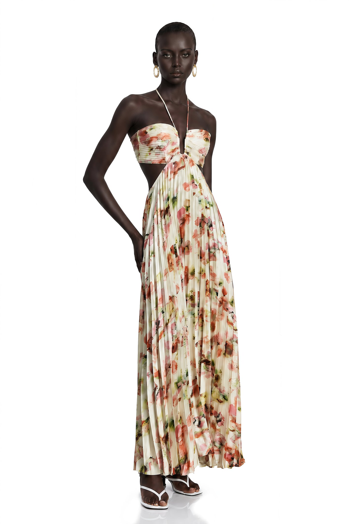 Andréa cut-out floral-print pleated maxi dress
