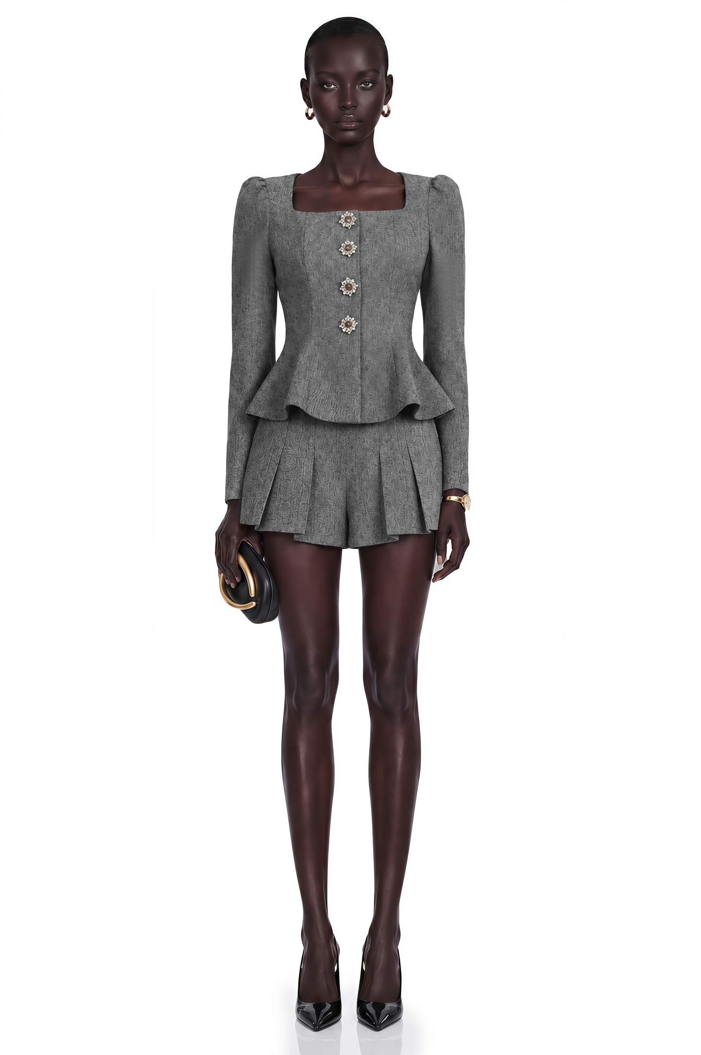 Agathe Grey Herringbone Top & Shorts Matching Set