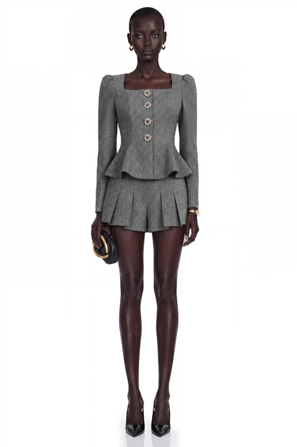 Agathe Grey Herringbone Top & Shorts Matching Set