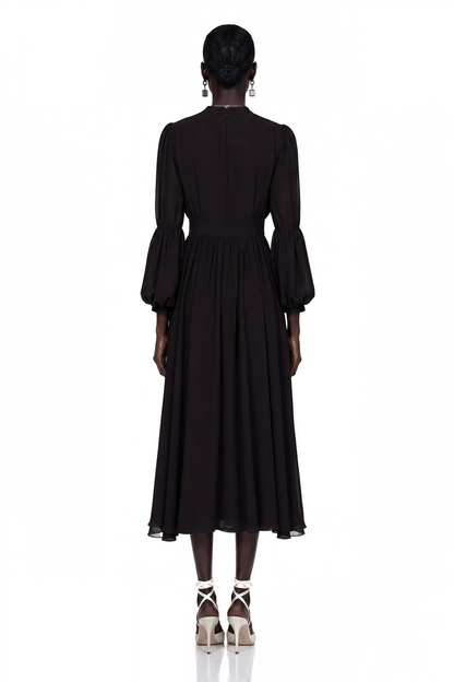 Viviane Black Pleated Button-Front Midi Dress
