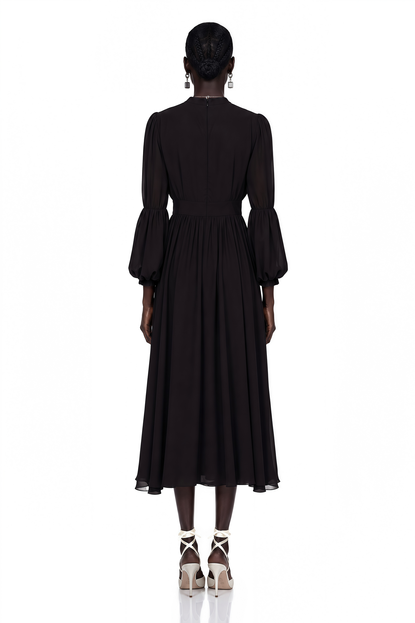 Viviane Black Pleated Button-Front Midi Dress