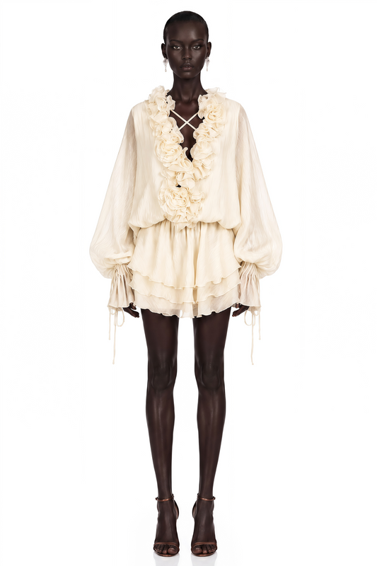 Zéphyrine Floral-Appliqué Tiered Mini Dress in Neutrals