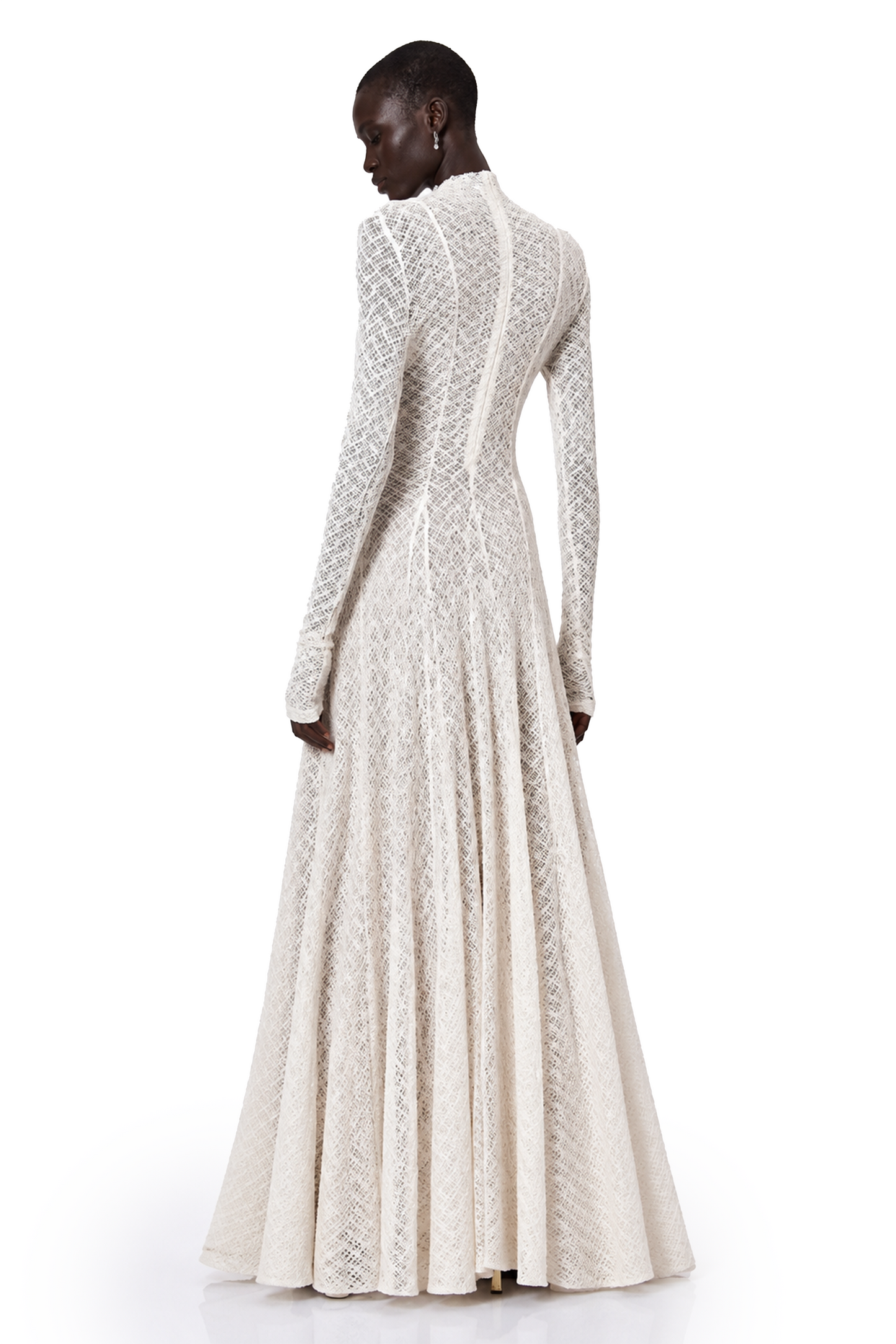 Athena Wavy-Pattern Lace Maxi Dress in White
