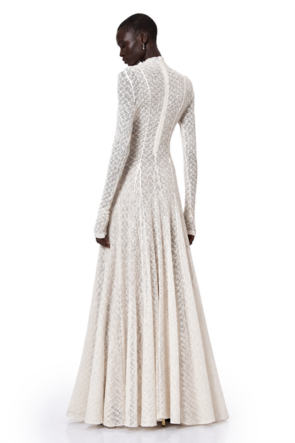Athena Wavy-Pattern Lace Maxi Dress in White
