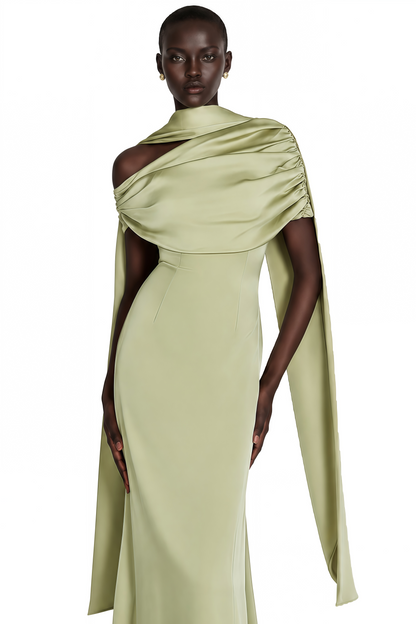 Benedetta Green One Shoulder Satin Maxi Dress