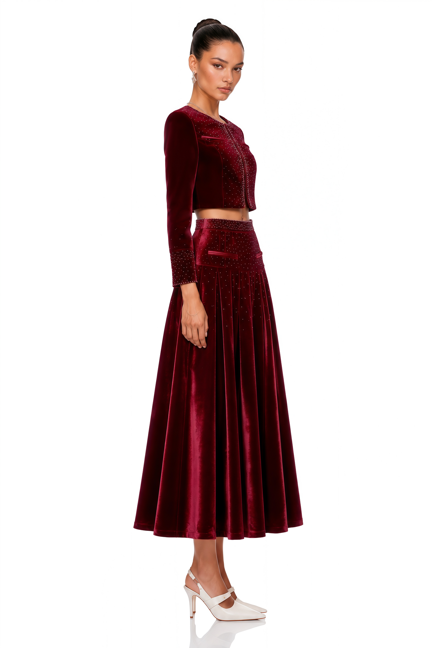 Candela Red Velvet Rhinestone Embellished Jacket & Skirt Set