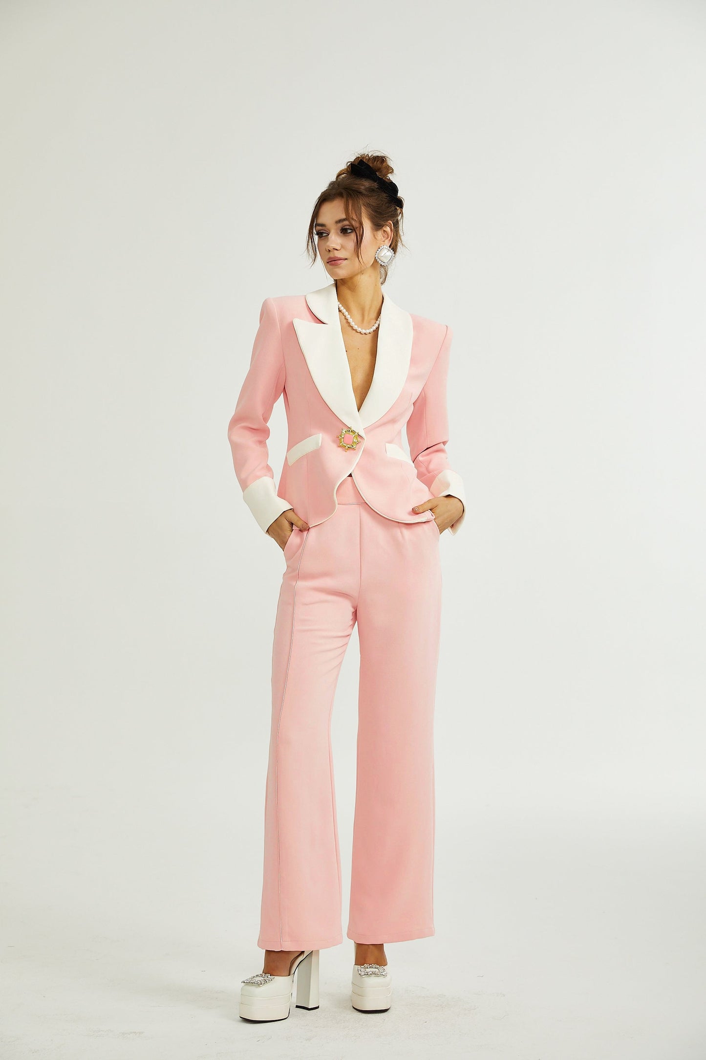 Claretta renk bloklu blazer ve pantolon uyumlu takım