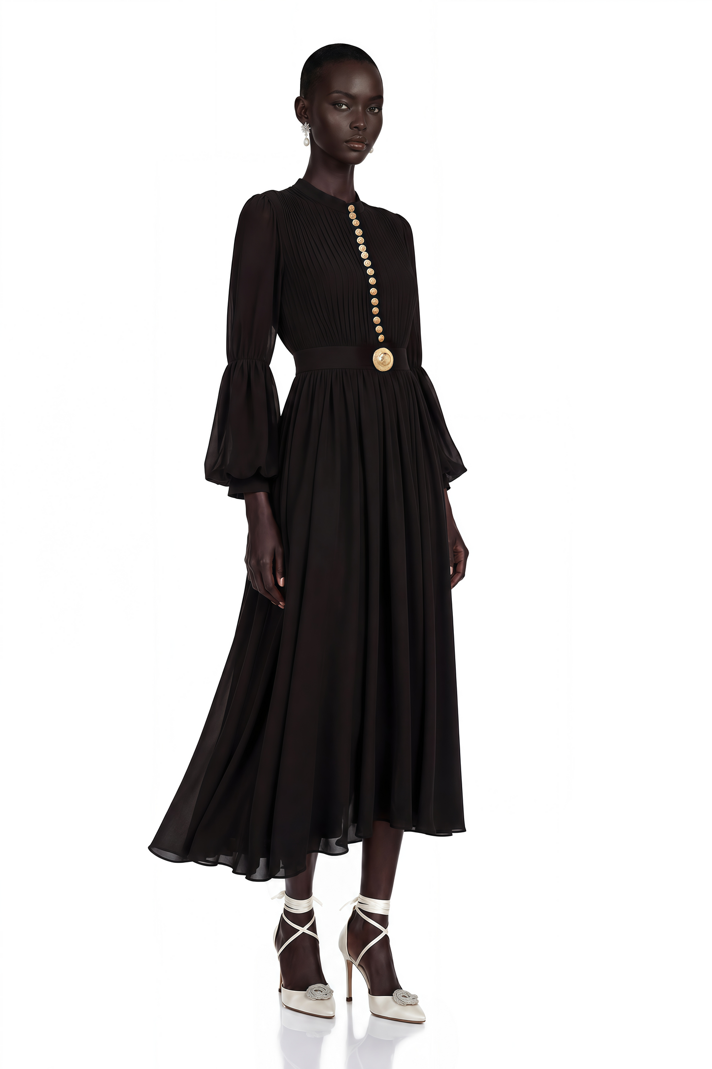 Viviane Black Pleated Button-Front Midi Dress