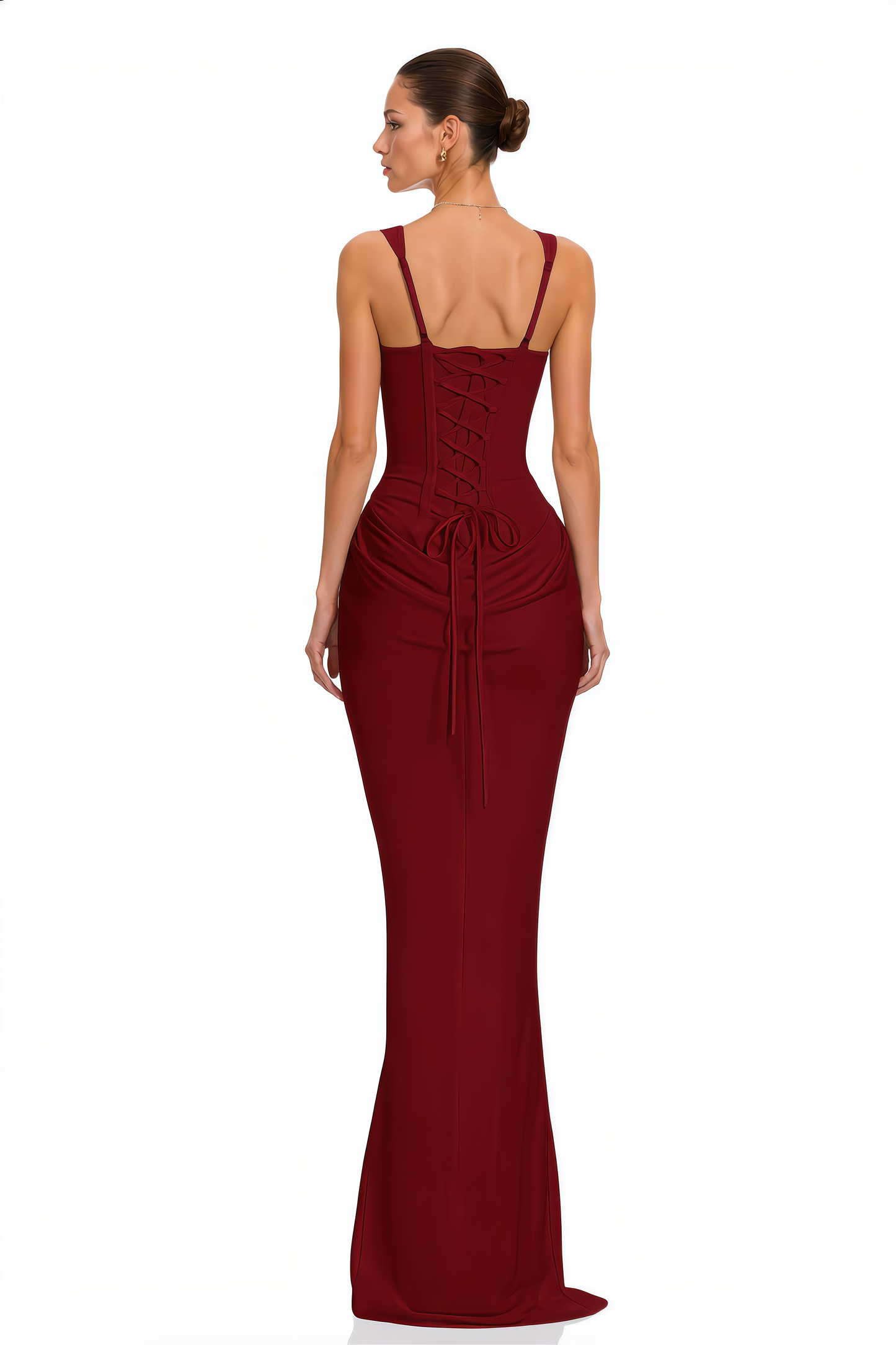 Paulette Red Ruched Corset Maxi Dress