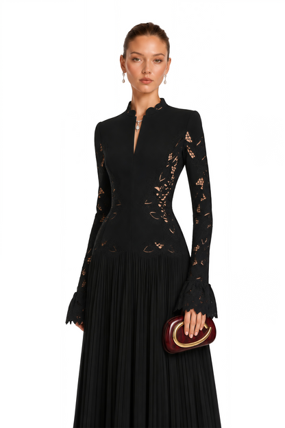 Chiara Black Lace Panel Pleated Midi Dress