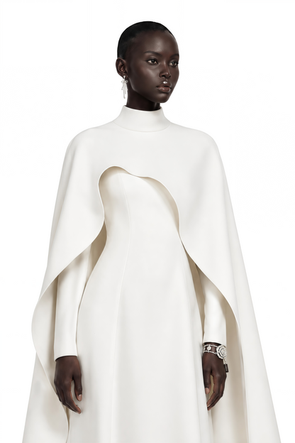 Antonina White Cape Maxi Gown with Long Sleeves