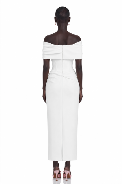 Solara White Draped Midi Dress