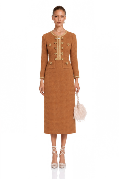 Epona Brown Braided-Edge Tweed Dress