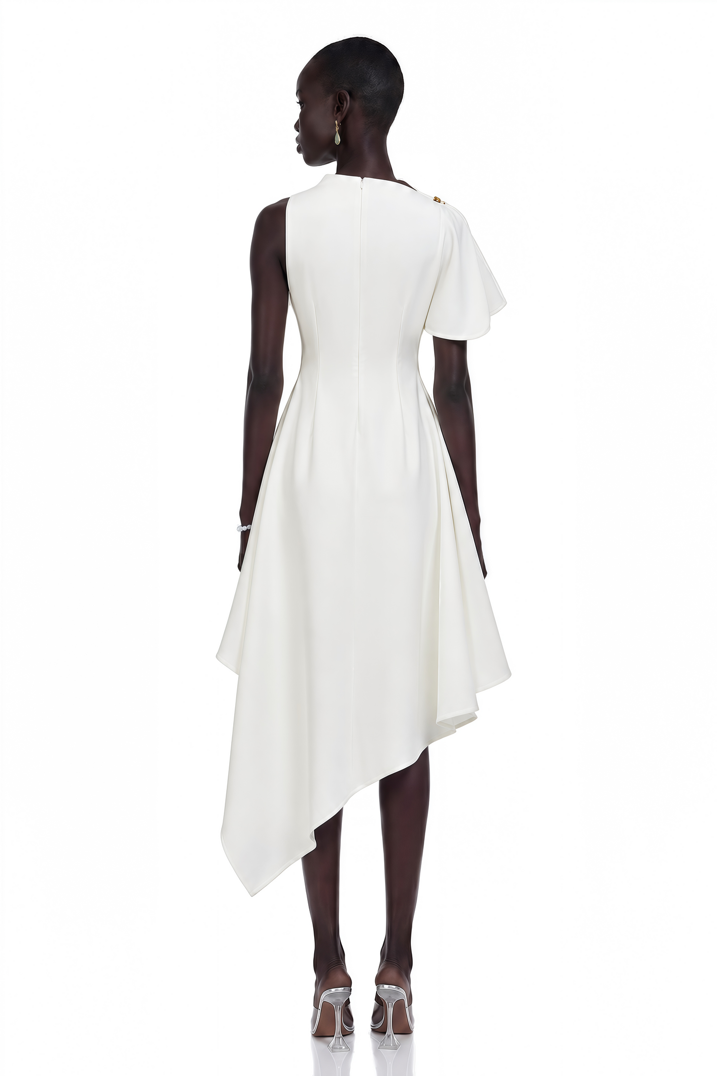 Liana White Asymmetrical Flared Midi Dress