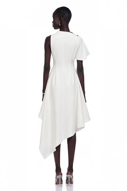 Liana White Asymmetrical Flared Midi Dress