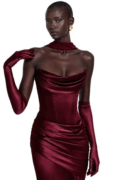 Marilou Burgundy Ruched Satin Maxi Dress