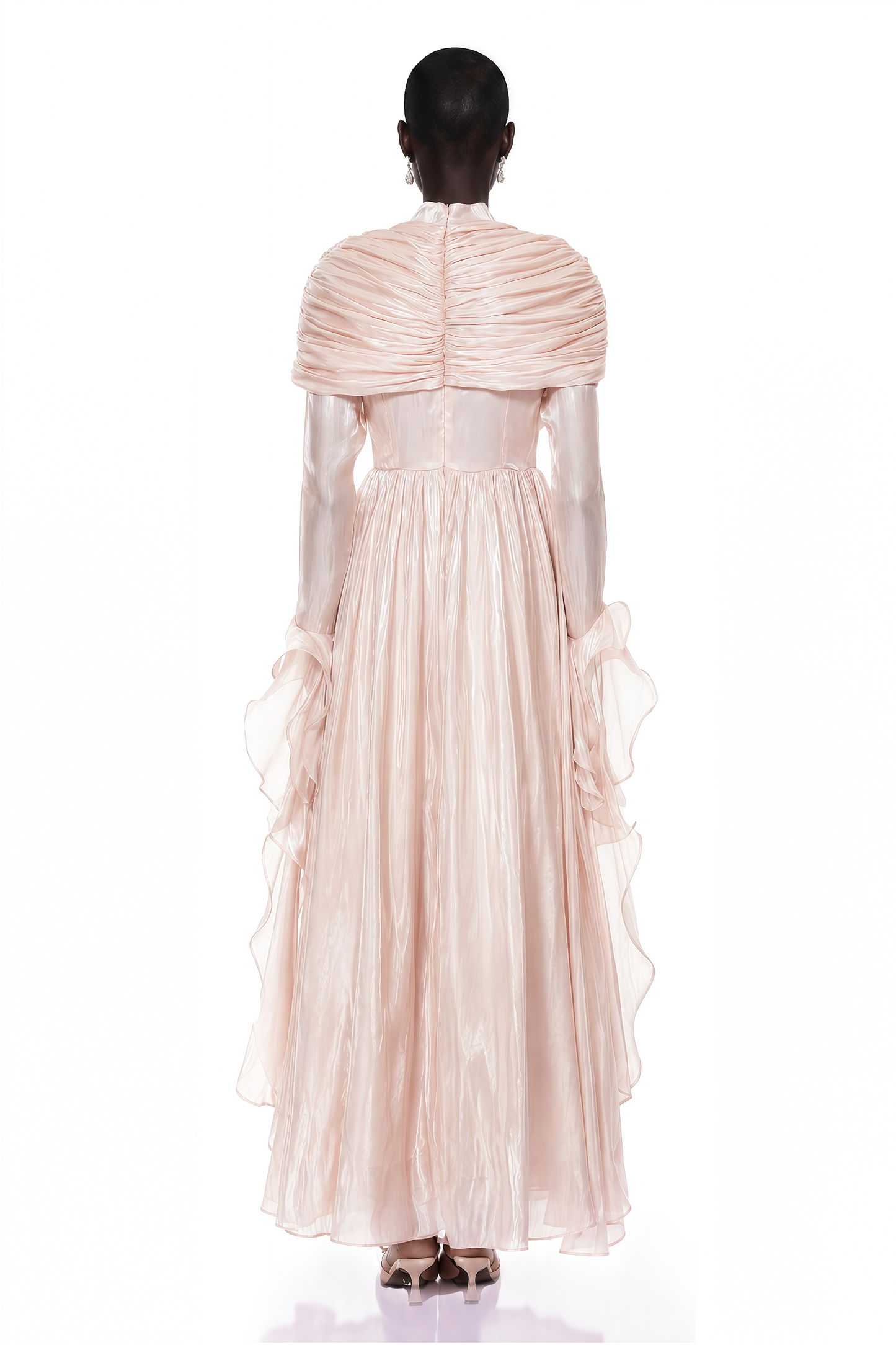 Gustave Pink Ruched Cape Ruffled Maxi Dress