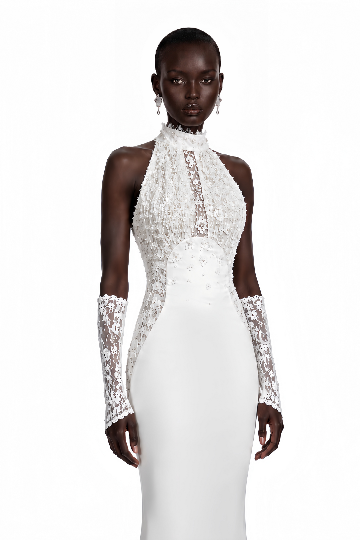Isabelle White Turtleneck Sequin Ruched Maxi Dress (Without Gloves)