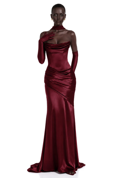 Marilou Burgundy Ruched Satin Maxi Dress