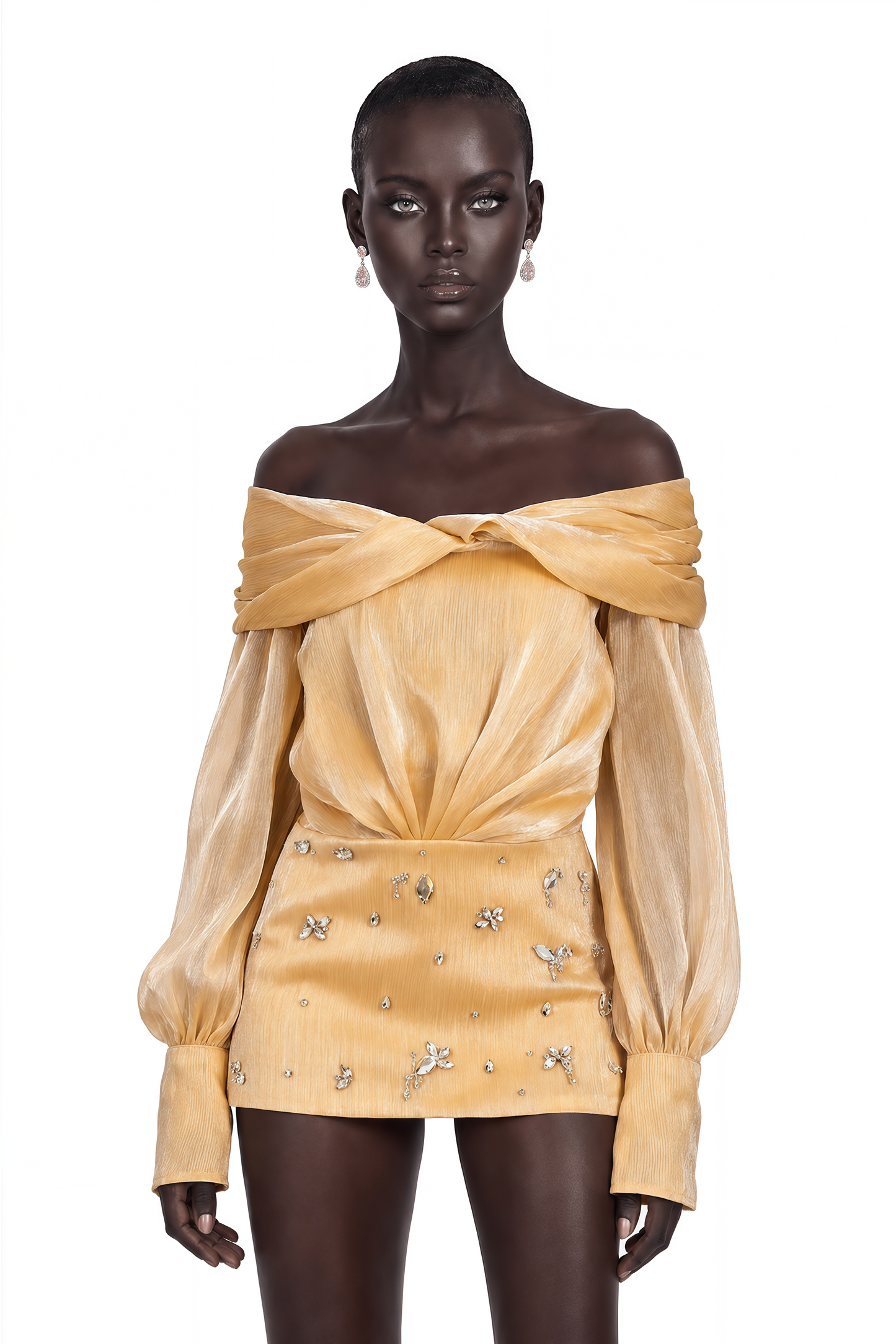 Adelina Gold Crystal-Embellished Paneled Mini Dress