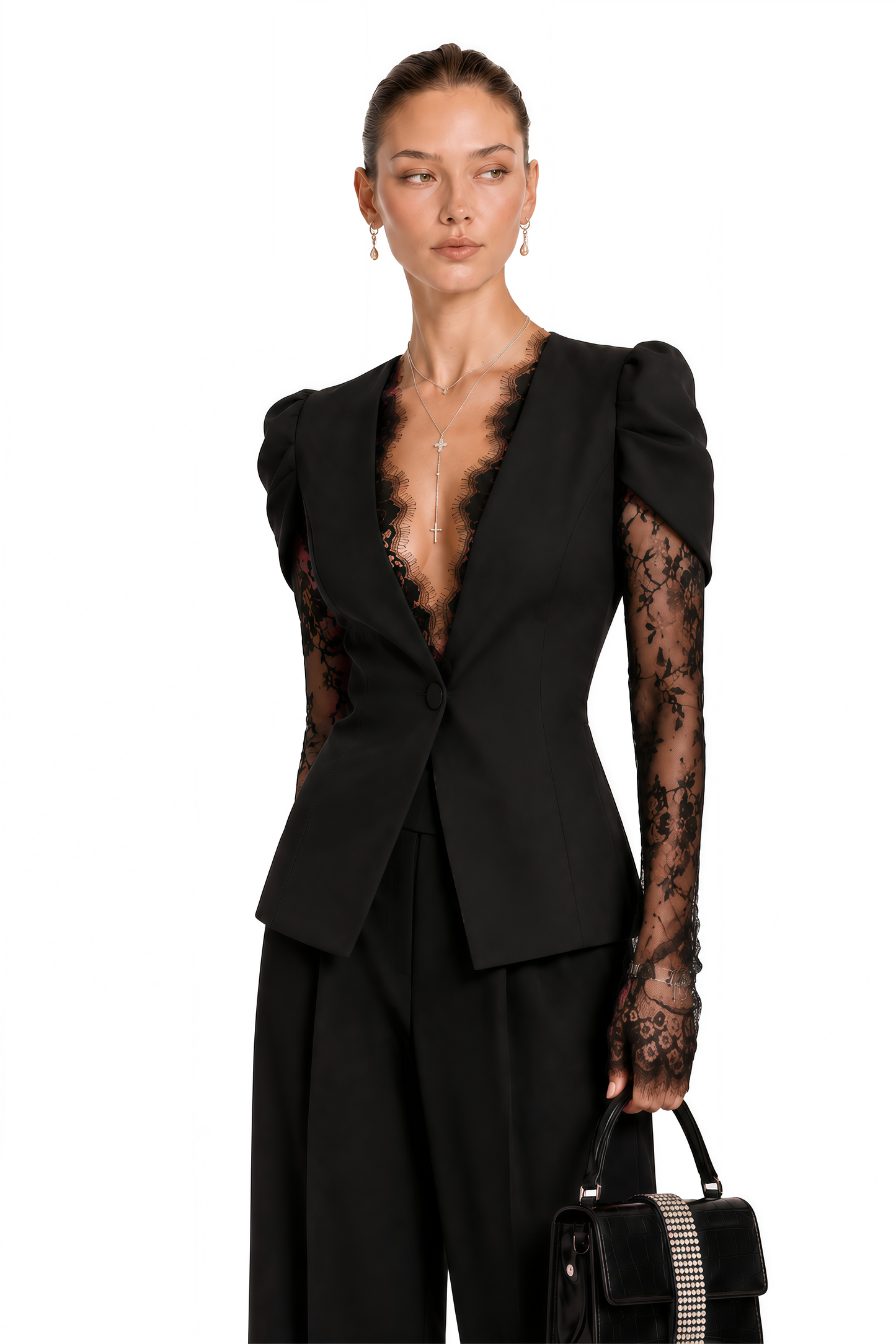 Saffron Black Collarless Blazer with Lace Trim
