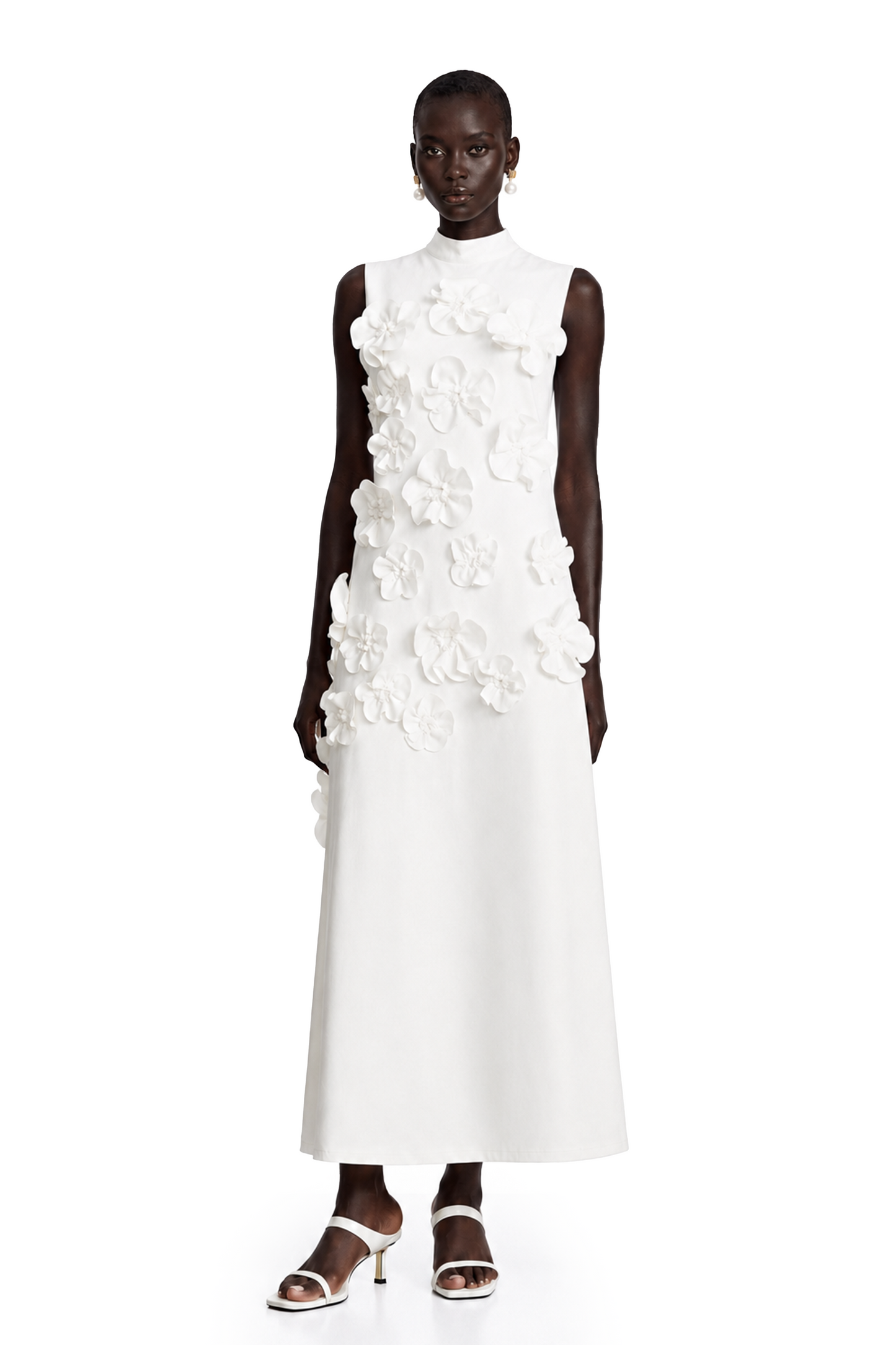 Magali White Sleeveless Maxi Dress with Faux Flower & Bow-Tie Embellishment