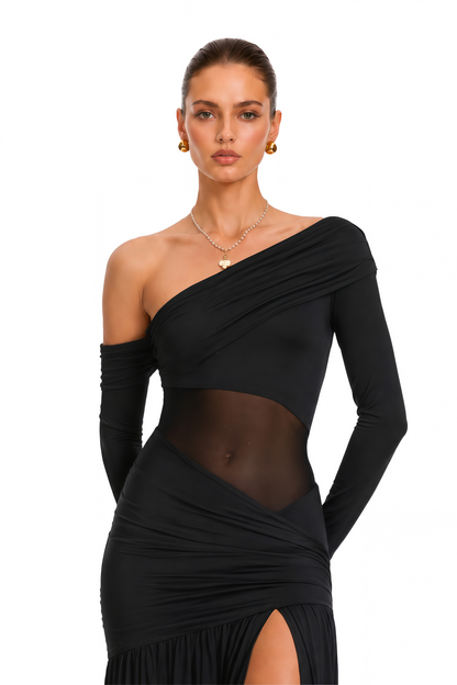 Anastasia Black One Shoulder Gathered Maxi Dress