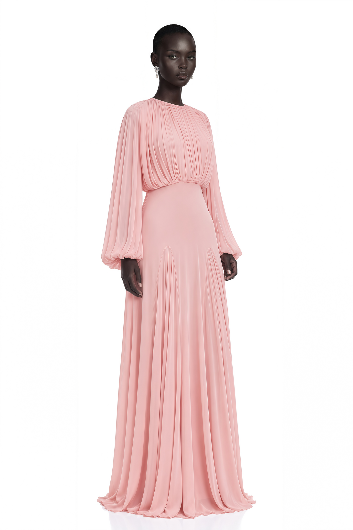 Annabelle Pink Lantern Sleeve Pleated Maxi Dress
