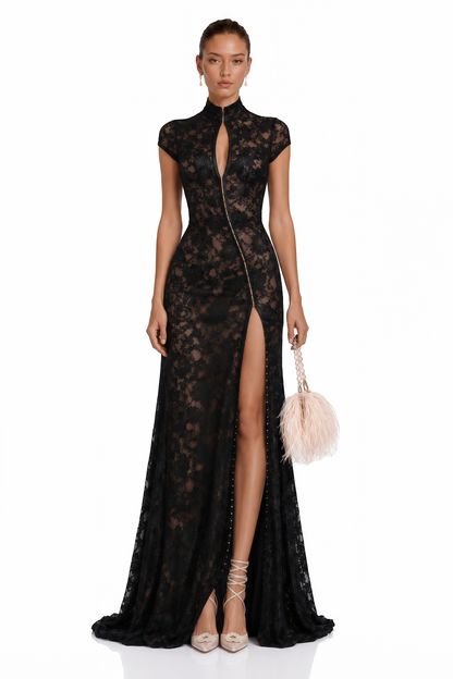 Andrea Black Keyhole Lace Maxi Dress with High Thigh Slit