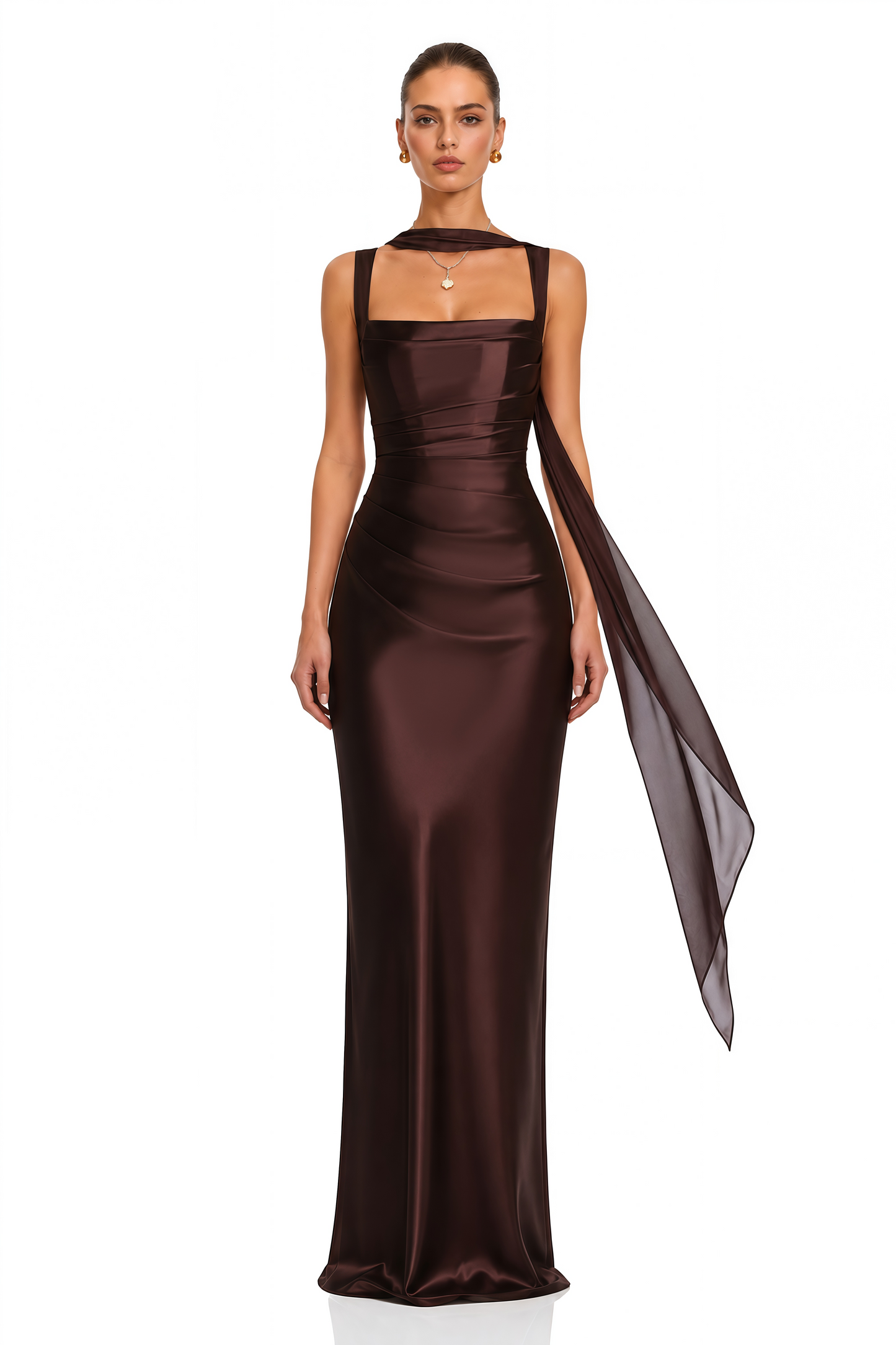 Inmaculada Brown Ruched Satin Maxi Dress (Without Gloves)