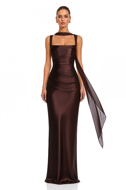 Inmaculada Brown Ruched Satin Maxi Dress (Without Gloves)