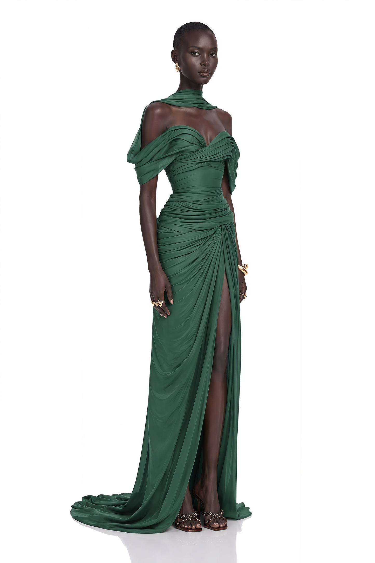 Hazel Green Asymmetrical Draped Maxi Dress