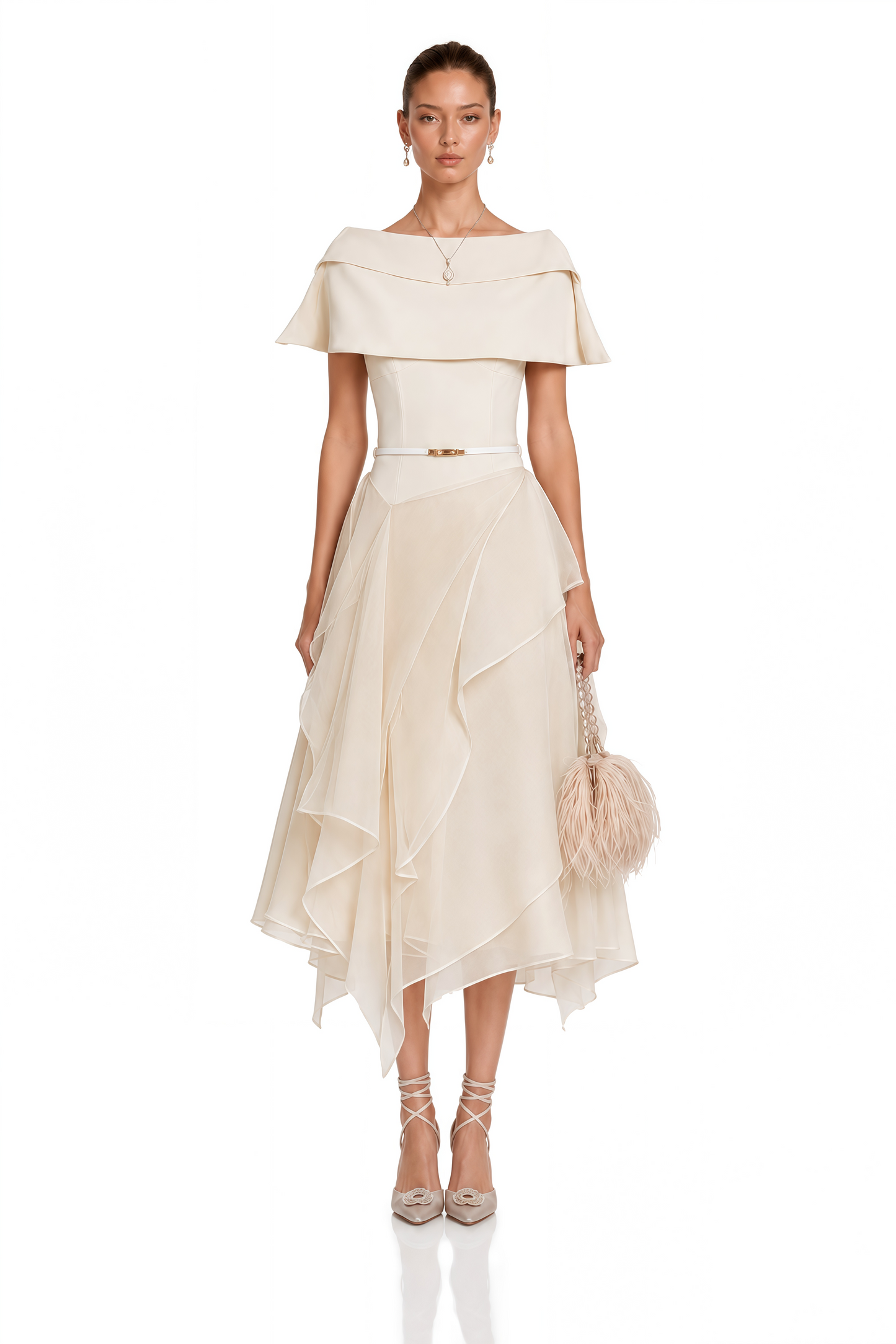 Aria White Asymmetrical Shawl & Tulle Panel Dress Set