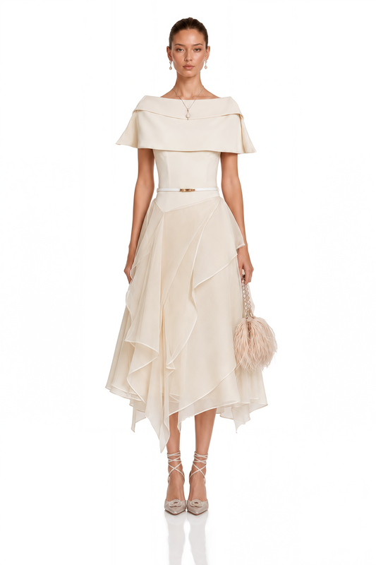 Aria White Asymmetrical Shawl & Tulle Panel Dress Set