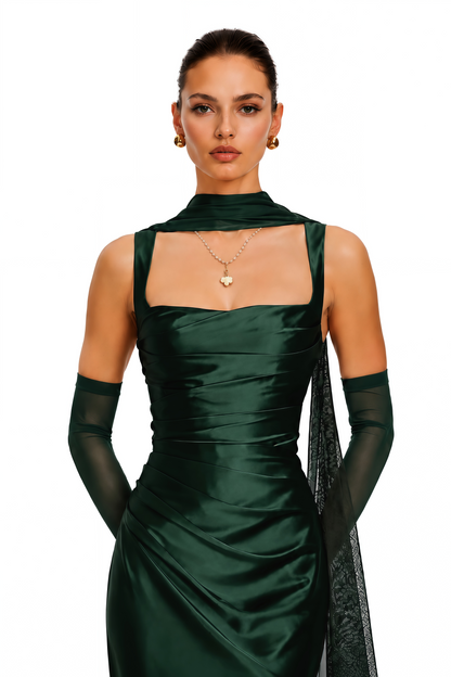 Inmaculada Emerald Ruched Satin Maxi Dress (Without Gloves)