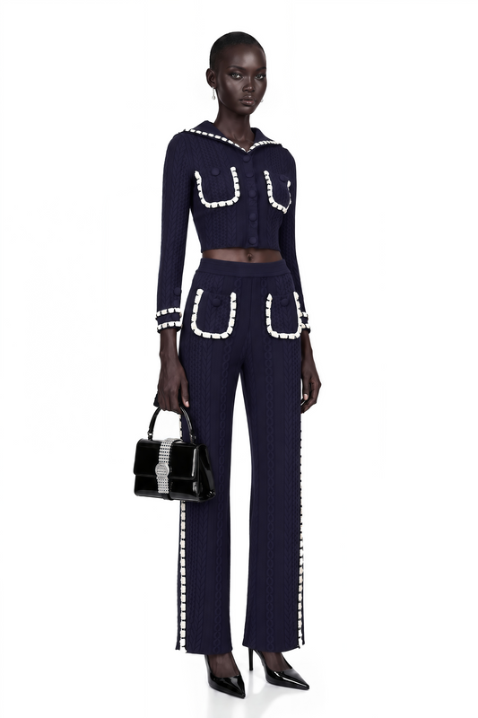 Elvira Navy Blue Crochet-Knit Cardigan & Trousers Matching Set