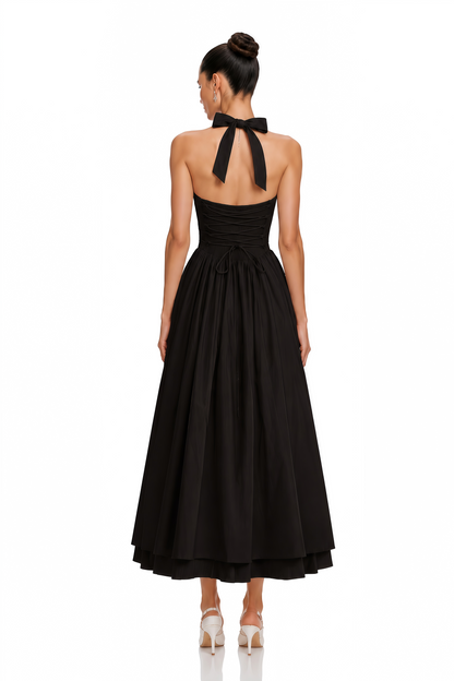Eponine Black Layered Flared Hem Midi Dress