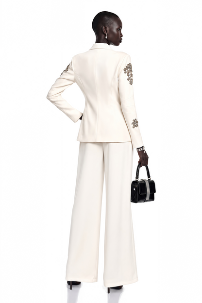 Edvige White Crystal-Embellished Blazer & Trousers Matching Set