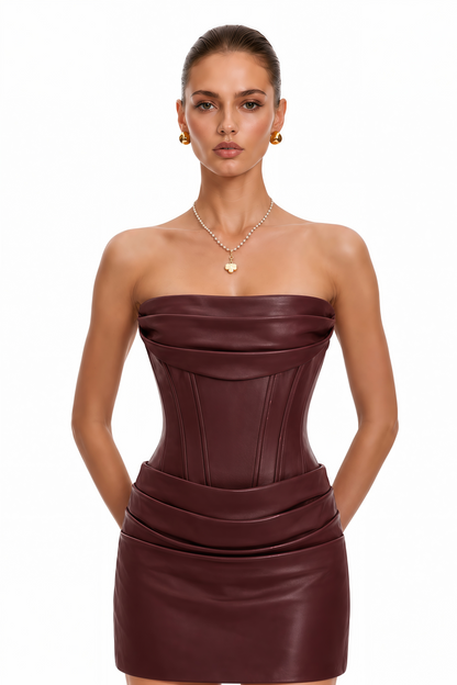 Agnes Kahverengi Dantelli Deri Bodycon Mini Elbise