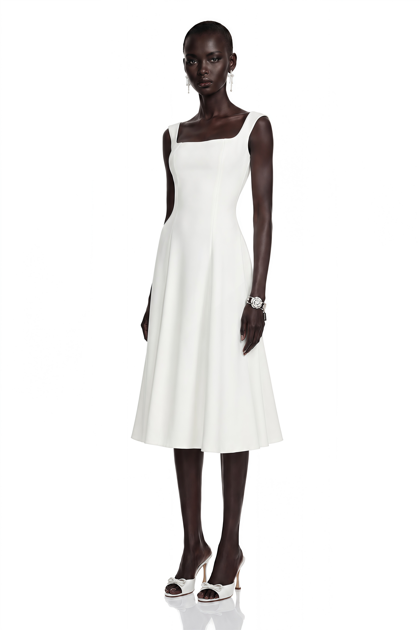 Thala White Pleated Flared Midi Dress