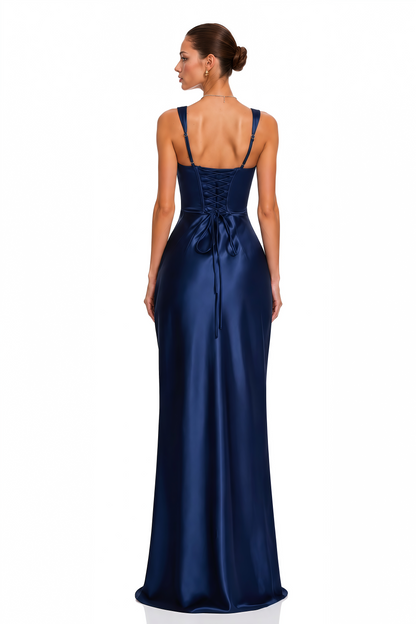 Inmaculada Safir Dantelli Saten Maxi Elbise (Eldivensiz)
