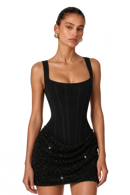 Paulette Black Embellished Ruched Bodycon Mini Dress