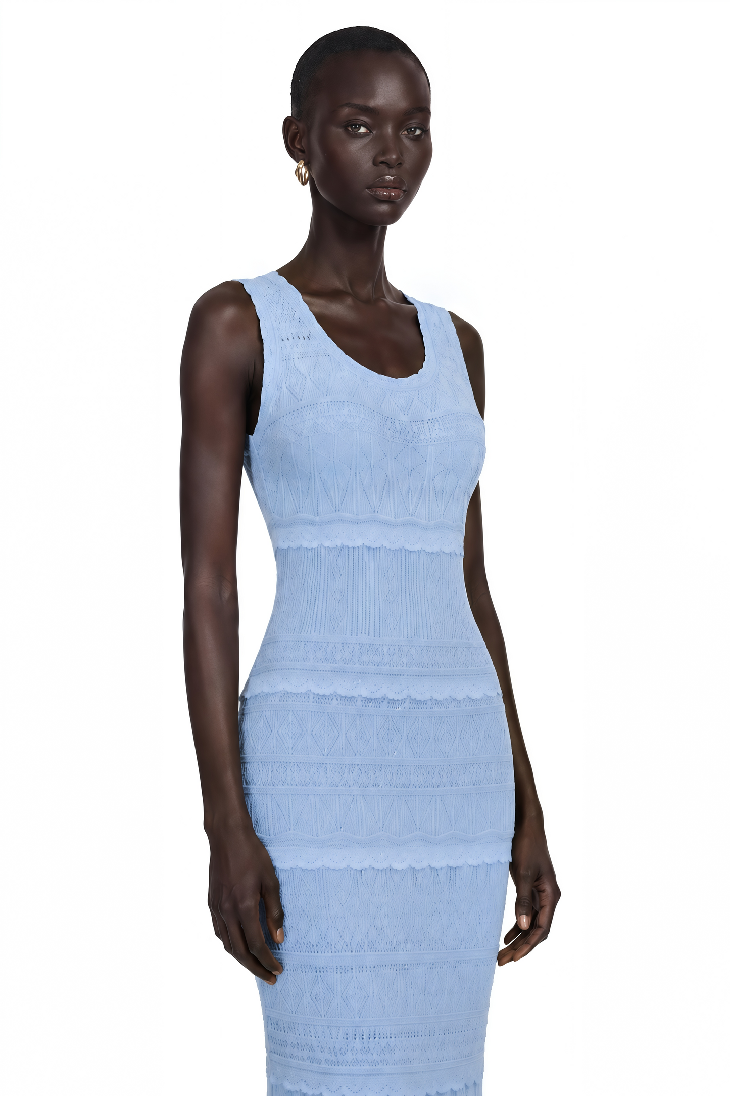 Mailys Blue Ruffled-Trim Crochet-Knit Midi Dress