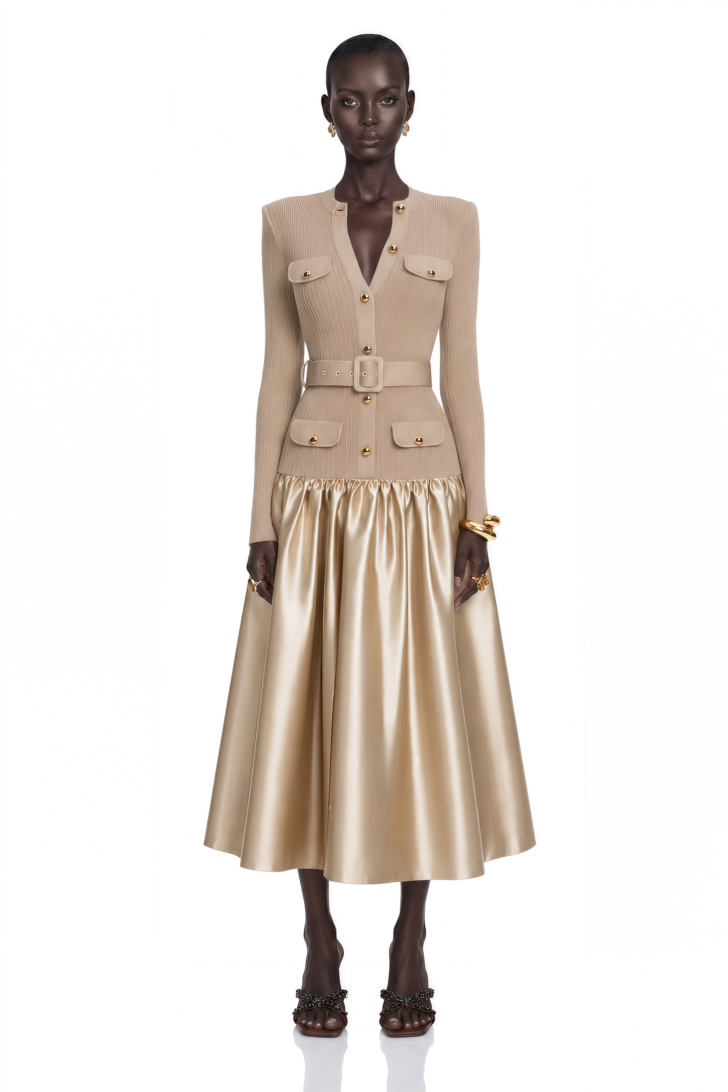 Fern Gold Satin Panel Knit Midi Dress